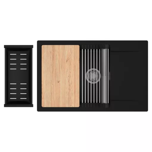 HD Onyx Black 78-XL egymedencés gránit mosogatótálca szett, csepegtetőtálcával, vágódeszkával, acél csepegtetőráccsal és matt fekete kosárral, matt fekete színben