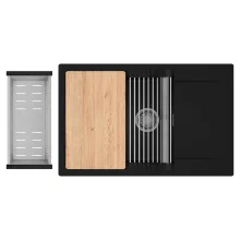 HD Onyx Black 78-XL egymedencés gránit mosogatótálca szett, csepegtetőtálcával, vágódeszkával, acél csepegtetőráccsal és kosárral, matt fekete színben