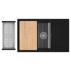   HD Onyx Black 78-XL egymedencés gránit mosogatótálca szett, csepegtetőtálcával, vágódeszkával, acél csepegtetőráccsal és kosárral, matt fekete színben