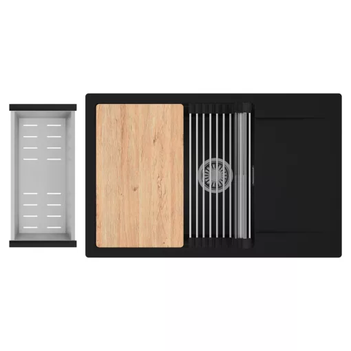 HD Onyx Black 78-XL egymedencés gránit mosogatótálca szett, csepegtetőtálcával, vágódeszkával, acél csepegtetőráccsal és kosárral, matt fekete színben