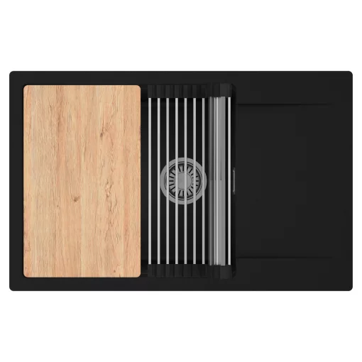 HD Onyx Black 78-XL egymedencés gránit mosogatótálca szett, csepegtetőtálcával, vágódeszkával, acél csepegtetőráccsal, matt fekete színben