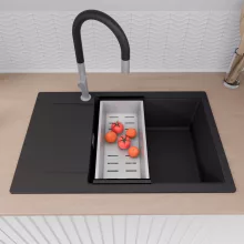 HD Onyx Black 78-XL egymedencés gránit mosogatótálca szett, csepegtetőtálcával, vágódeszkával, acél csepegtetőkosárral, matt fekete színben