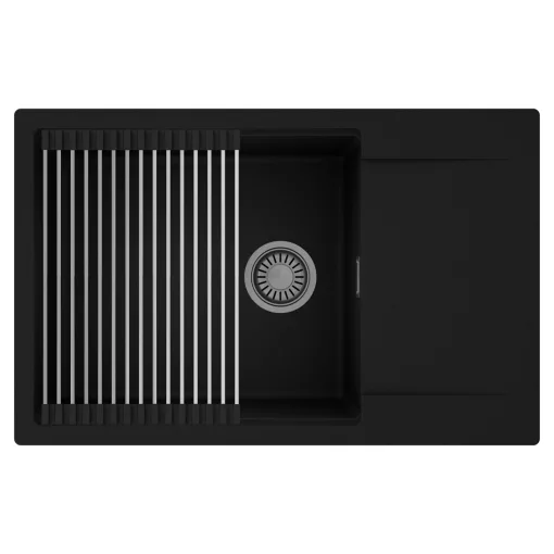 HD Onyx Black 78-XL egymedencés mosogatótálca szett, acél csepegtetőráccsal, csepegtetőtálcával, matt fekete színben