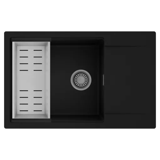 HD Onyx Black 78-XL egymedencés mosogatótálca szett, acél csepegtetőkosárral, csepegtetőtálcával, matt fekete színben