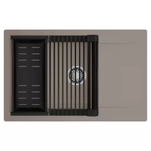 HD Onyx Tortora 78-XL egymedencés mosogatótálca szett, matt fekete csepegtetőráccsal és kosárral, csepegtetőtálcával, tortora színben, szálcsiszolt króm leeresztő szifonnal