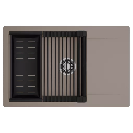 HD Onyx Tortora 78-XL egymedencés mosogatótálca szett, matt fekete csepegtetőráccsal és kosárral, csepegtetőtálcával, tortora színben, szálcsiszolt króm leeresztő szifonnal