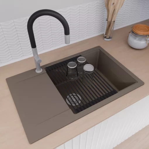 HD Onyx Tortora 78-XL egymedencés mosogatótálca szett, matt fekete csepegtetőráccsal és krómozott kosárral, csepegtetőtálcával, tortora színben, szálcsiszolt króm leeresztő szifonnal