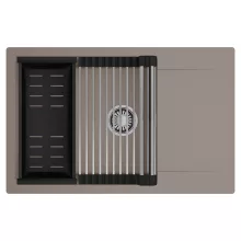 HD Onyx Tortora 78-XL egymedencés mosogatótálca szett, acél csepegtetőráccsal és matt fekete kosárral, csepegtetőtálcával, tortora színben, szálcsiszolt króm leeresztő szifonnal