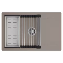 HD Onyx Tortora 78-XL egymedencés mosogatótálca szett, acél csepegtetőráccsal és kosárral, csepegtetőtálcával, tortora színben, szálcsiszolt króm leeresztő szifonnal