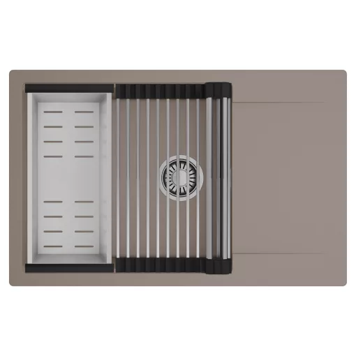 HD Onyx Tortora 78-XL egymedencés mosogatótálca szett, acél csepegtetőráccsal és kosárral, csepegtetőtálcával, tortora színben, szálcsiszolt króm leeresztő szifonnal
