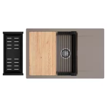 HD Onyx Tortora 78-XL egymedencés gránit mosogatótálca szett, csepegtetőtálcával, vágódeszkával, matt fekete csepegtetőráccsal és kosárral, tortora színben, szálcsiszolt króm leeresztő szifonnal