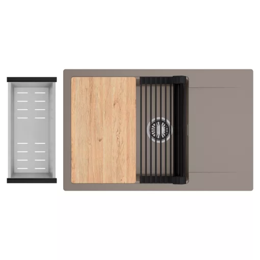 HD Onyx Tortora 78-XL egymedencés gránit mosogatótálca szett, csepegtetőtálcával, vágódeszkával, matt fekete csepegtetőráccsal és krómozott kosárral, tortora színben, szálcsiszolt króm leeresztő szifonnal