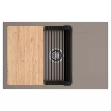 HD Onyx Tortora 78-XL egymedencés gránit mosogatótálca szett, csepegtetőtálcával, vágódeszkával, matt fekete csepegtetőráccsal, tortora színben, szálcsiszolt króm leeresztő szifonnal