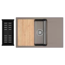 HD Onyx Tortora 78-XL egymedencés gránit mosogatótálca szett, csepegtetőtálcával, vágódeszkával, acél csepegtetőráccsal és matt fekete kosárral, tortora színben, szálcsiszolt króm leeresztő szifonnal