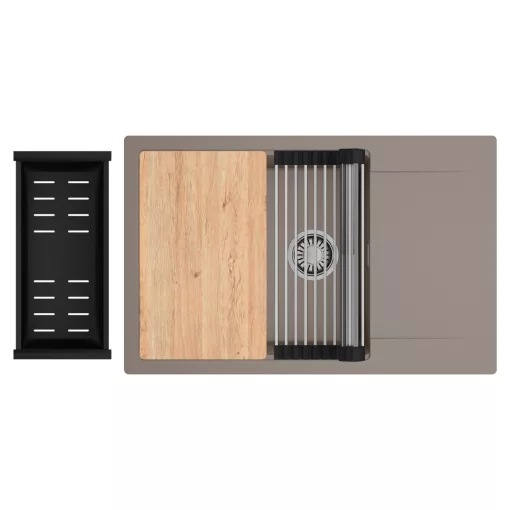 HD Onyx Tortora 78-XL egymedencés gránit mosogatótálca szett, csepegtetőtálcával, vágódeszkával, acél csepegtetőráccsal és matt fekete kosárral, tortora színben, szálcsiszolt króm leeresztő szifonnal