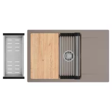 HD Onyx Tortora 78-XL egymedencés gránit mosogatótálca szett, csepegtetőtálcával, vágódeszkával, acél csepegtetőráccsal és kosárral, tortora színben, szálcsiszolt króm leeresztő szifonnal