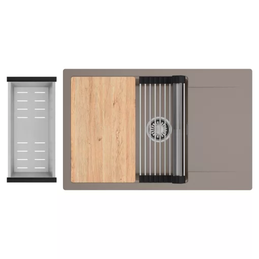 HD Onyx Tortora 78-XL egymedencés gránit mosogatótálca szett, csepegtetőtálcával, vágódeszkával, acél csepegtetőráccsal és kosárral, tortora színben, szálcsiszolt króm leeresztő szifonnal