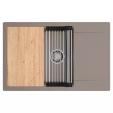 HD Onyx Tortora 78-XL egymedencés gránit mosogatótálca szett, csepegtetőtálcával, vágódeszkával, acél csepegtetőráccsal, tortora színben, szálcsiszolt króm leeresztő szifonnal