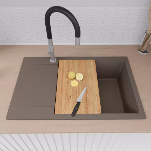 HD Onyx Tortora 78-XL egymedencés gránit mosogatótálca szett, csepegtetőtálcával, vágódeszkával, matt fekete csepegtetőkosárral, tortora színben, szálcsiszolt króm leeresztő szifonnal