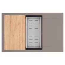 HD Onyx Tortora 78-XL egymedencés gránit mosogatótálca szett, csepegtetőtálcával, vágódeszkával, acél csepegtetőkosárral, tortora színben, szálcsiszolt króm leeresztő szifonnal