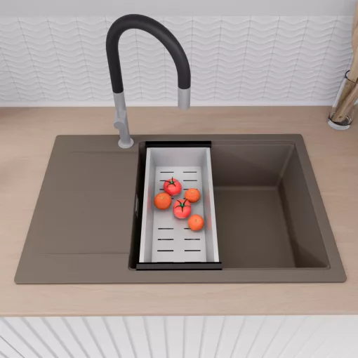 HD Onyx Tortora 78-XL egymedencés gránit mosogatótálca szett, csepegtetőtálcával, vágódeszkával, acél csepegtetőkosárral, tortora színben, szálcsiszolt króm leeresztő szifonnal