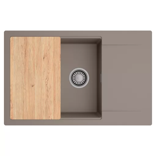 HD Onyx Tortora 78-XL egymedencés gránit mosogatótálca, vágódeszkával, tortora színben, szálcsiszolt króm leeresztő szifonnal