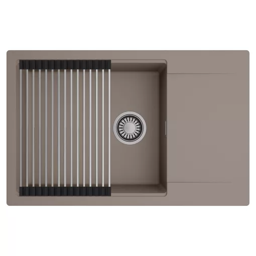 HD Onyx Tortora 78-XL egymedencés mosogatótálca szett, acél csepegtetőráccsal, csepegtetőtálcával, tortora színben, szálcsiszolt króm leeresztő szifonnal