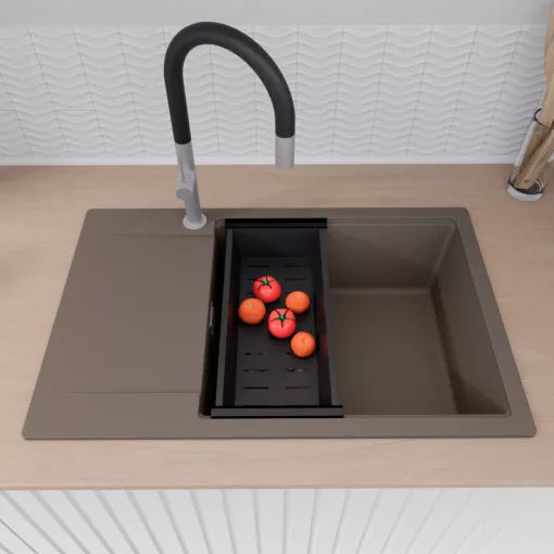 HD Onyx Tortora 78-XL egymedencés mosogatótálca szett, matt fekete csepegtetőkosárral, csepegtetőtálcával, tortora színben, szálcsiszolt króm leeresztő szifonnal