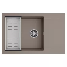 HD Onyx Tortora 78-XL egymedencés mosogatótálca szett, acél csepegtetőkosárral, csepegtetőtálcával, tortora színben, szálcsiszolt króm leeresztő szifonnal