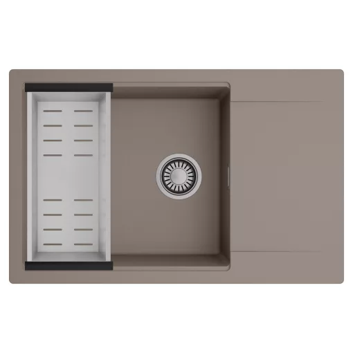 HD Onyx Tortora 78-XL egymedencés mosogatótálca szett, acél csepegtetőkosárral, csepegtetőtálcával, tortora színben, szálcsiszolt króm leeresztő szifonnal