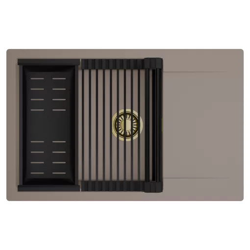 HD Onyx Tortora 78-XL egymedencés mosogatótálca szett, matt fekete csepegtetőráccsal és kosárral, csepegtetőtálcával, tortora színben, szálcsiszolt arany leeresztő szifonnal