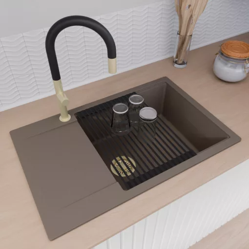 HD Onyx Tortora 78-XL egymedencés mosogatótálca szett, matt fekete csepegtetőráccsal és kosárral, csepegtetőtálcával, tortora színben, szálcsiszolt arany leeresztő szifonnal