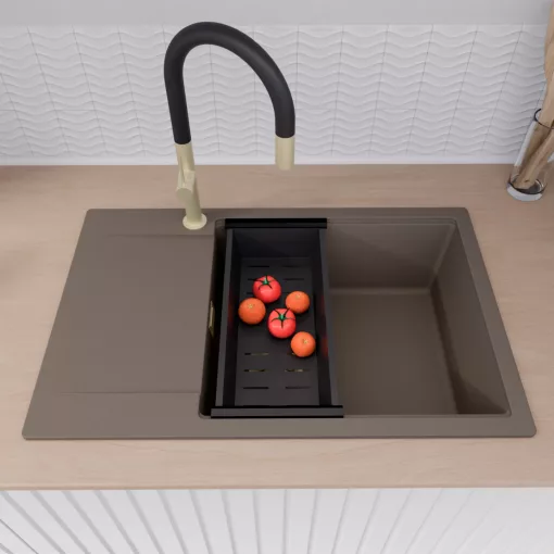 HD Onyx Tortora 78-XL egymedencés mosogatótálca szett, matt fekete csepegtetőráccsal és kosárral, csepegtetőtálcával, tortora színben, szálcsiszolt arany leeresztő szifonnal