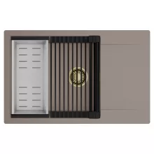 HD Onyx Tortora 78-XL egymedencés mosogatótálca szett, matt fekete csepegtetőráccsal és krómozott kosárral, csepegtetőtálcával, tortora színben, szálcsiszolt arany leeresztő szifonnal