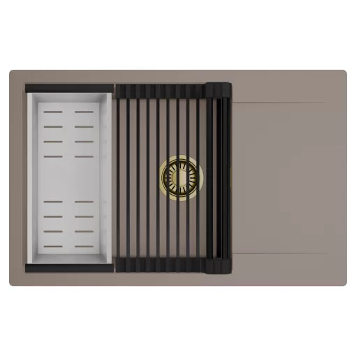 HD Onyx Tortora 78-XL egymedencés mosogatótálca szett, matt fekete csepegtetőráccsal és krómozott kosárral, csepegtetőtálcával, tortora színben, szálcsiszolt arany leeresztő szifonnal