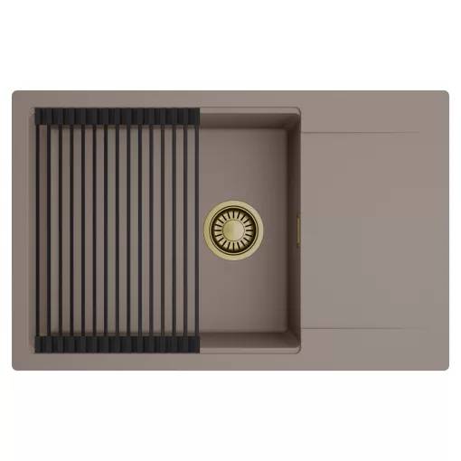 HD Onyx Tortora 78-XL egymedencés mosogatótálca szett, matt fekete csepegtetőráccsal, csepegtetőtálcával, tortora színben, szálcsiszolt arany leeresztő szifonnal