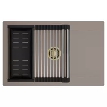 HD Onyx Tortora 78-XL egymedencés mosogatótálca szett, acél csepegtetőráccsal és matt fekete kosárral, csepegtetőtálcával, tortora színben, szálcsiszolt arany leeresztő szifonnal