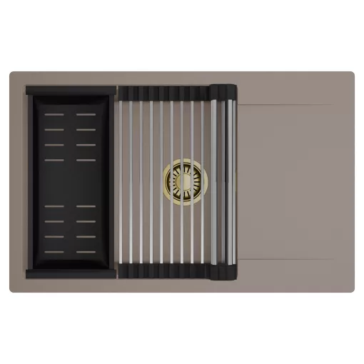 HD Onyx Tortora 78-XL egymedencés mosogatótálca szett, acél csepegtetőráccsal és matt fekete kosárral, csepegtetőtálcával, tortora színben, szálcsiszolt arany leeresztő szifonnal