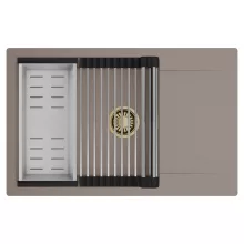 HD Onyx Tortora 78-XL egymedencés mosogatótálca szett, acél csepegtetőráccsal és kosárral, csepegtetőtálcával, tortora színben, szálcsiszolt arany leeresztő szifonnal