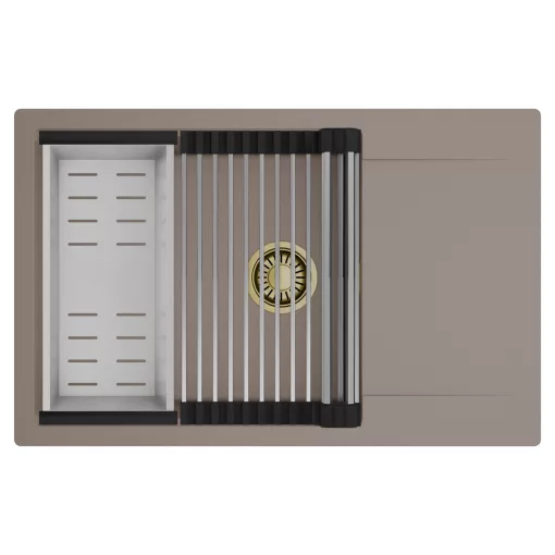 HD Onyx Tortora 78-XL egymedencés mosogatótálca szett, acél csepegtetőráccsal és kosárral, csepegtetőtálcával, tortora színben, szálcsiszolt arany leeresztő szifonnal