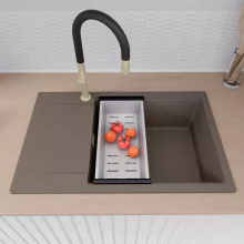 HD Onyx Tortora 78-XL egymedencés mosogatótálca szett, acél csepegtetőráccsal és kosárral, csepegtetőtálcával, tortora színben, szálcsiszolt arany leeresztő szifonnal