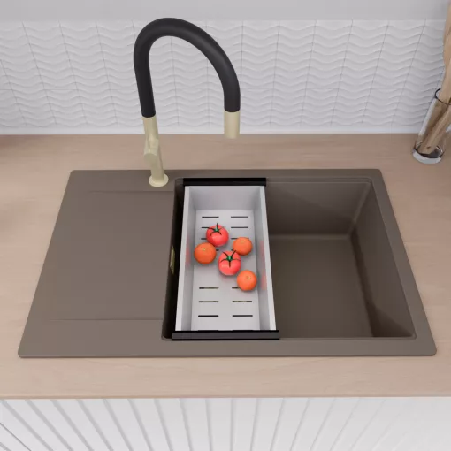 HD Onyx Tortora 78-XL egymedencés mosogatótálca szett, acél csepegtetőráccsal és kosárral, csepegtetőtálcával, tortora színben, szálcsiszolt arany leeresztő szifonnal