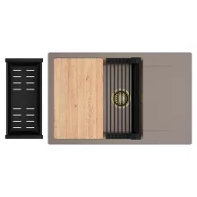 HD Onyx Tortora 78-XL egymedencés gránit mosogatótálca szett, csepegtetőtálcával, vágódeszkával, matt fekete csepegtetőráccsal és kosárral, tortora színben, szálcsiszolt arany leeresztő szifonnal