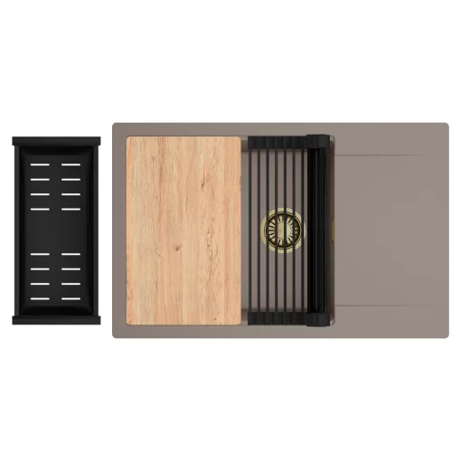 HD Onyx Tortora 78-XL egymedencés gránit mosogatótálca szett, csepegtetőtálcával, vágódeszkával, matt fekete csepegtetőráccsal és kosárral, tortora színben, szálcsiszolt arany leeresztő szifonnal