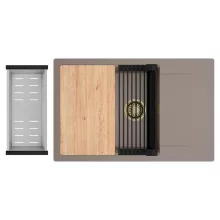 HD Onyx Tortora 78-XL egymedencés gránit mosogatótálca szett, csepegtetőtálcával, vágódeszkával, matt fekete csepegtetőráccsal és krómozott kosárral, tortora színben, szálcsiszolt arany leeresztő szifonnal