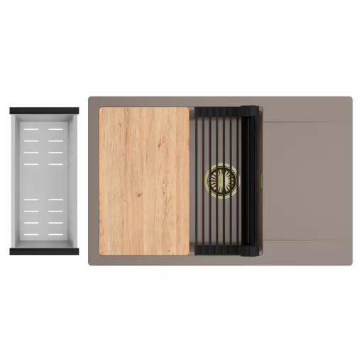 HD Onyx Tortora 78-XL egymedencés gránit mosogatótálca szett, csepegtetőtálcával, vágódeszkával, matt fekete csepegtetőráccsal és krómozott kosárral, tortora színben, szálcsiszolt arany leeresztő szifonnal