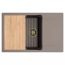 HD Onyx Tortora 78-XL egymedencés gránit mosogatótálca szett, csepegtetőtálcával, vágódeszkával, matt fekete csepegtetőráccsal, tortora színben, szálcsiszolt arany leeresztő szifonnal