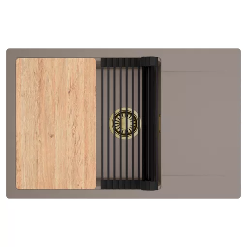 HD Onyx Tortora 78-XL egymedencés gránit mosogatótálca szett, csepegtetőtálcával, vágódeszkával, matt fekete csepegtetőráccsal, tortora színben, szálcsiszolt arany leeresztő szifonnal