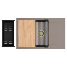 HD Onyx Tortora 78-XL egymedencés gránit mosogatótálca szett, csepegtetőtálcával, vágódeszkával, acél csepegtetőráccsal és matt fekete kosárral, tortora színben, szálcsiszolt arany leeresztő szifonnal