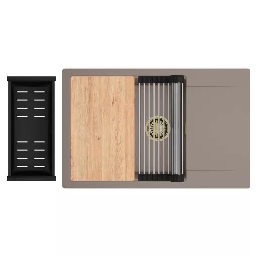 HD Onyx Tortora 78-XL egymedencés gránit mosogatótálca szett, csepegtetőtálcával, vágódeszkával, acél csepegtetőráccsal és matt fekete kosárral, tortora színben, szálcsiszolt arany leeresztő szifonnal